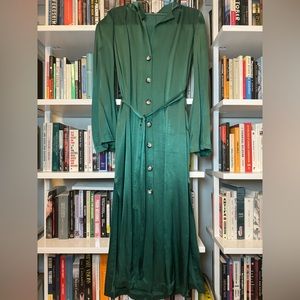 Staud Green Satin Long Button Up Collar Dress with Belt and Bell Sleeves